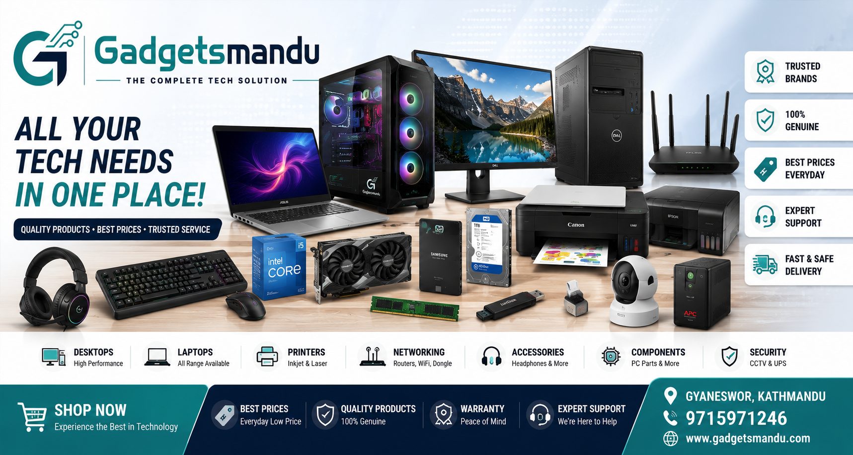 Desktops, laptops, monitors, printers, and PC components available at GadgetsMandu