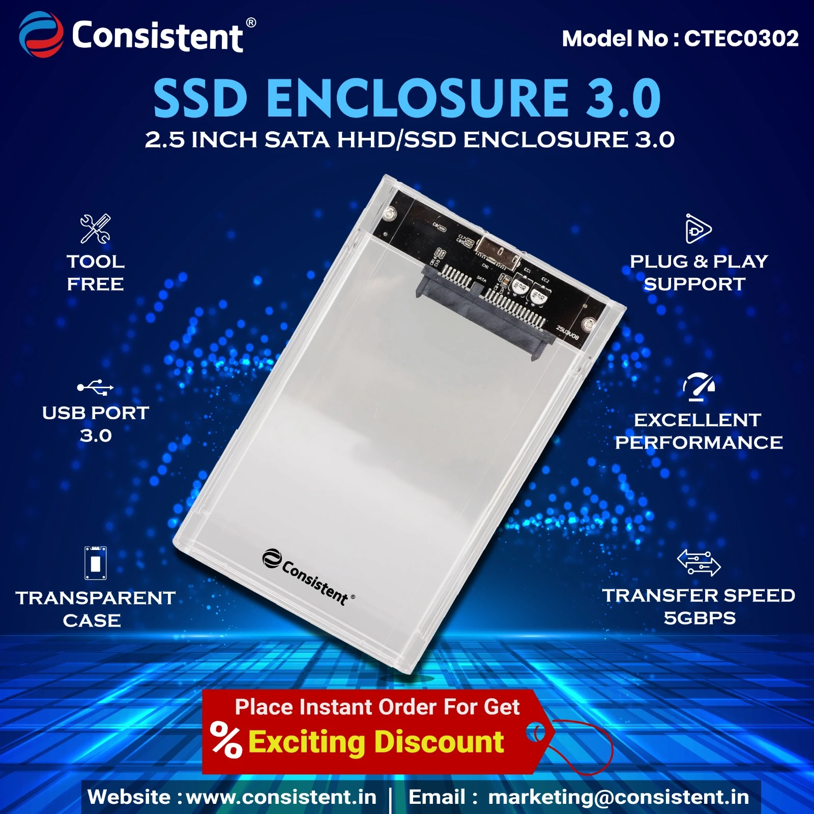 Consistent 2.5ich SATA HDD/ SSD Enclosure 3.0 Transparent Enclosure, Portable Ex
