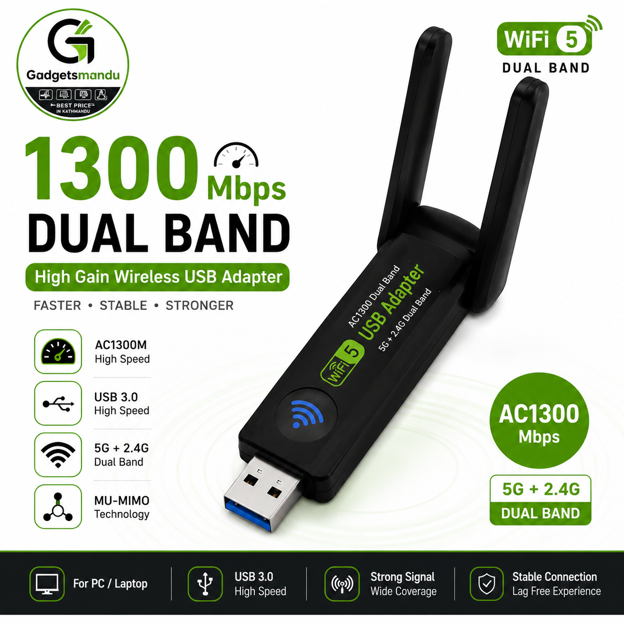1300Mbps Dual Band USB WiFi Adapter | AC1300 High Gain Wireless Dongle | USB 3.0 | 5GHz + 2.4GHz for PC/Laptop
