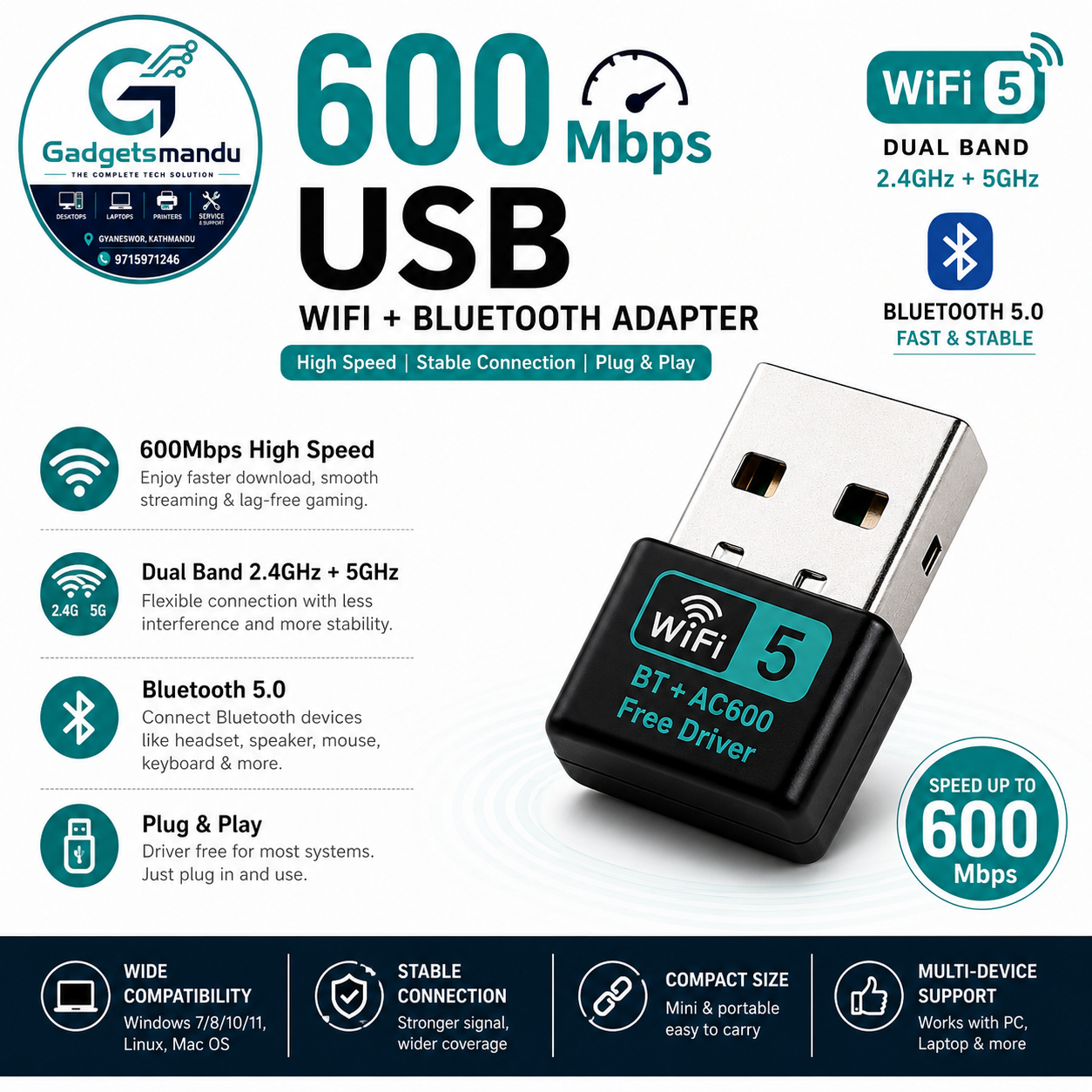 600Mbps USB WiFi + Bluetooth Adapter | Mini Wireless Dongle | Dual Band 2.4G/5G | Bluetooth 5.0 | Plug & Play